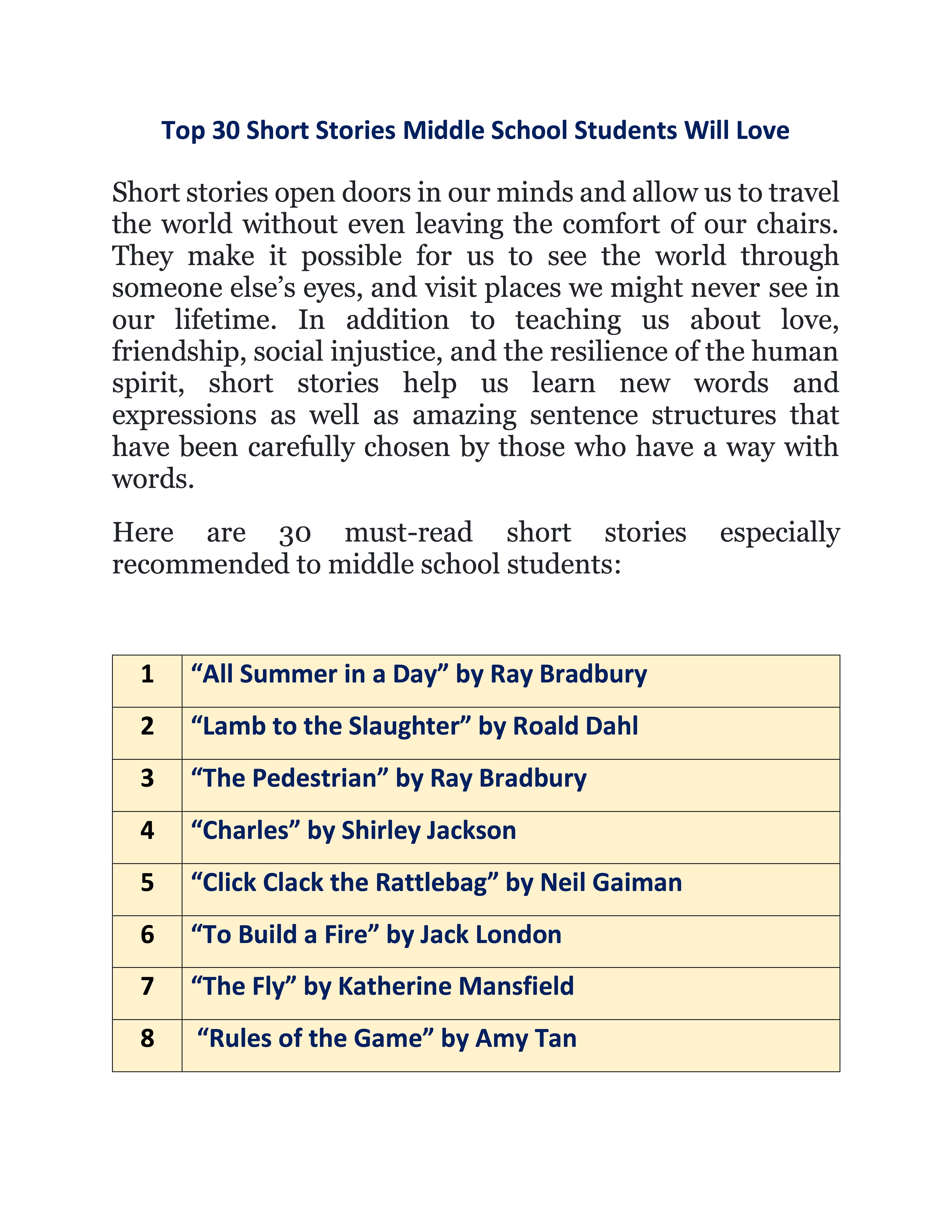 Top 30 Short Stories Middle School Students Will Love Grade 7
