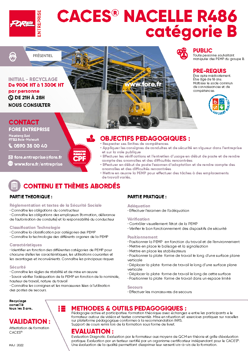 CACES® NACELLE R486 Catégorie B Fore Entreprise Formations