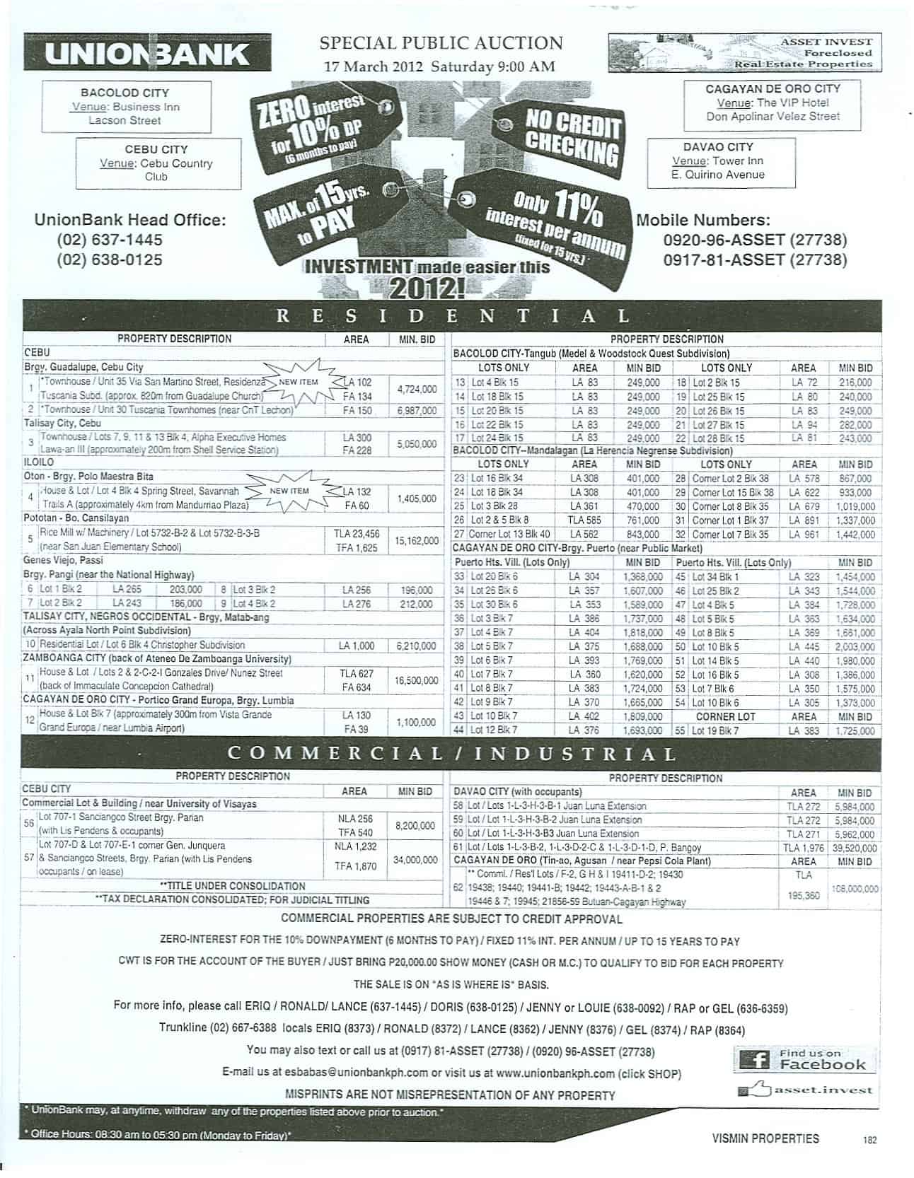 Visayas and Mindanao foreclosed properties for sale in UnionBank's 182nd Special Public Auction