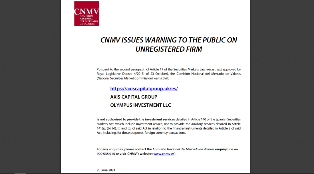 Axis Capital Group Review Beware of axiscapitalgroup.uk! CNMV warning!