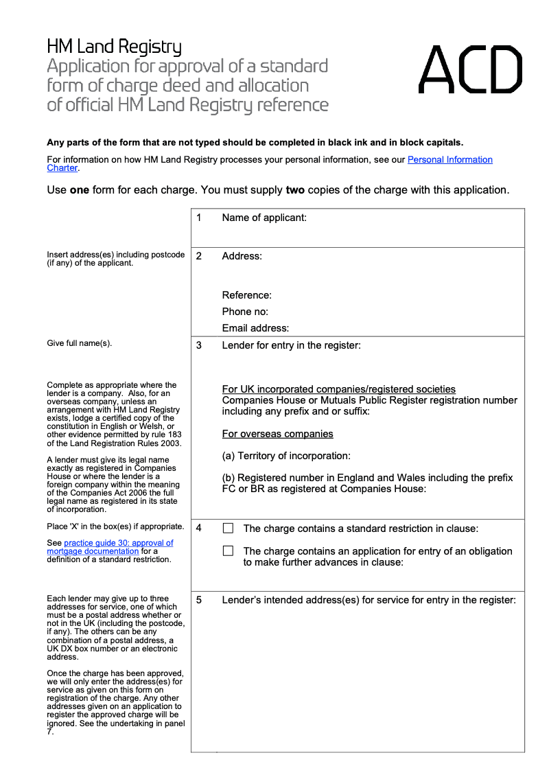 ACDX Application for approval of a standard form of charge deed and