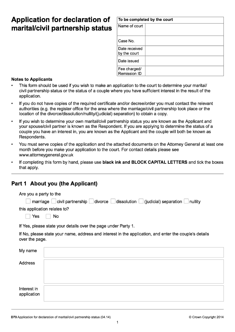 D70 Application for declaration of marital/civil partnership status