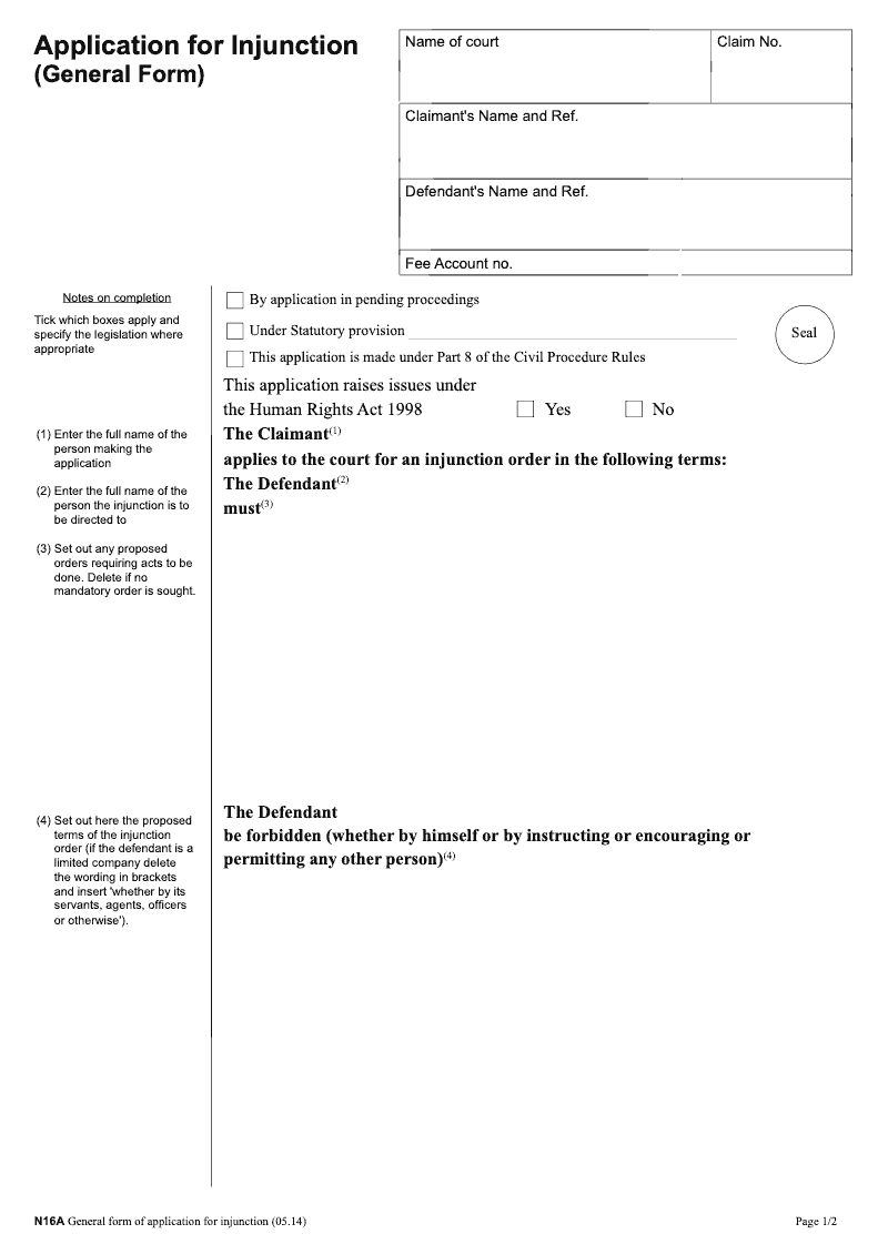 N16A Application for Injunction (General Form)