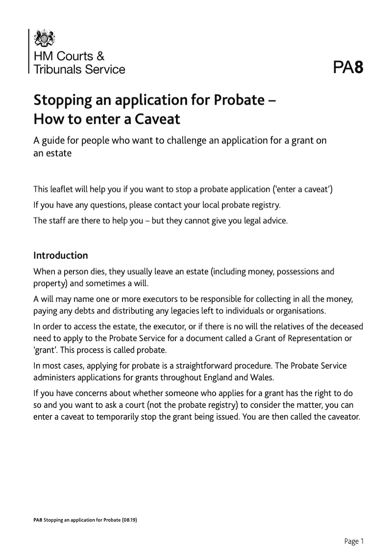 PA8 Stopping an Application for Probate How to enter a caveat
