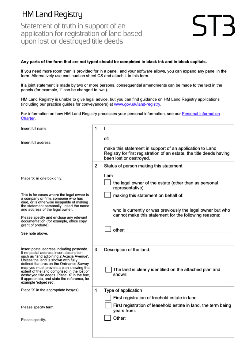 ST3 Statement of truth in support of an application for registration of land based upon lost or