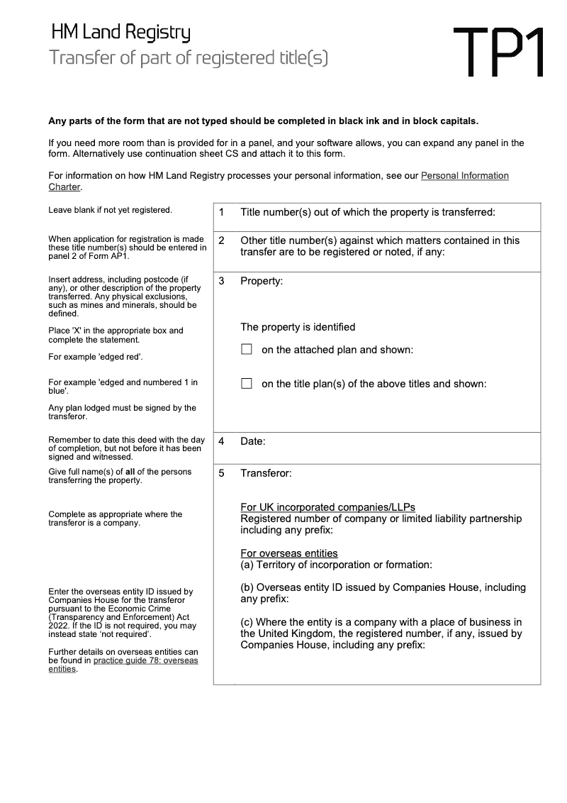 TP1 Transfer of part of registered title(s)