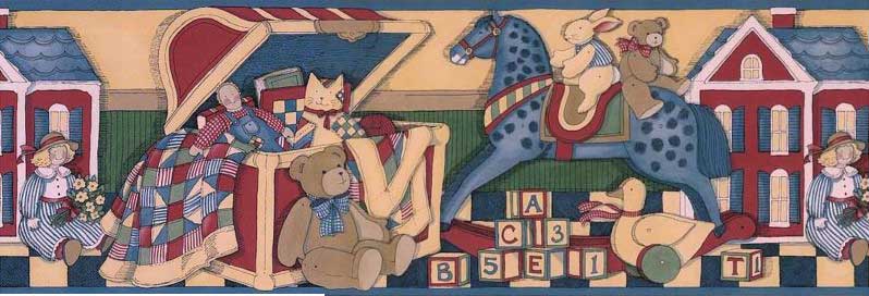 Antique Toys Vintage Wallpaper Border Raggedy Ann Red Blue GW2253B