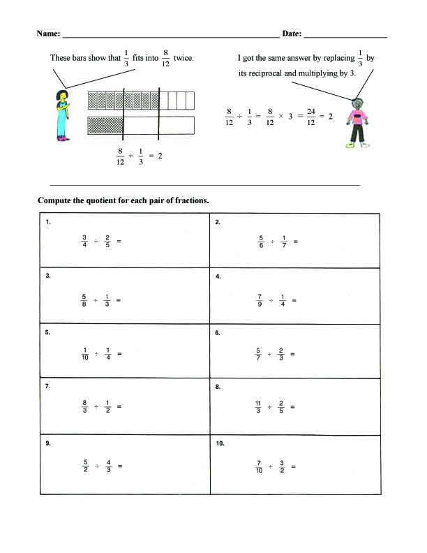 Fraction Bars Sample Worksheets Division