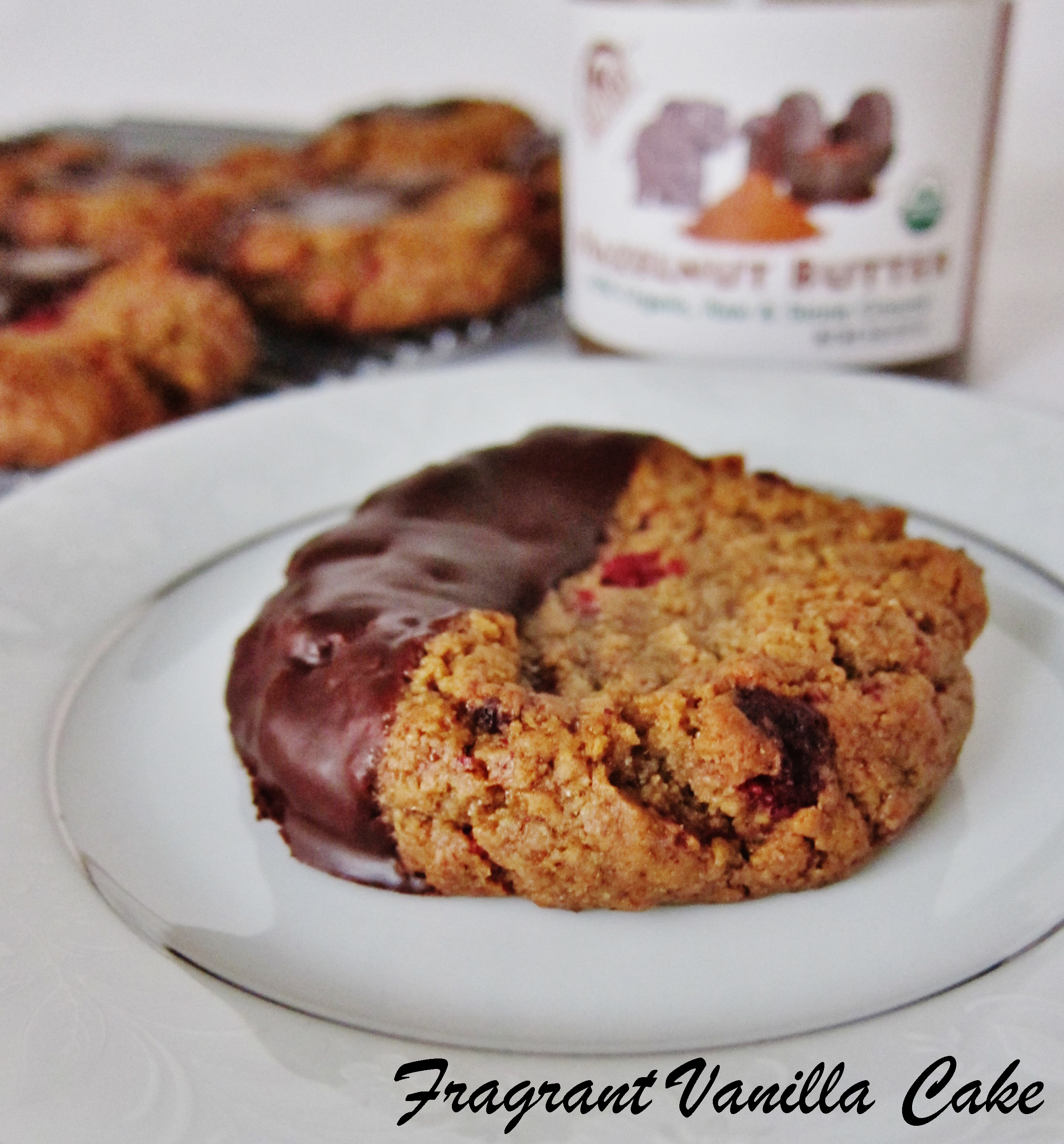 Vegan Chocolate Dipped Hazelnut Butter Cookies with Raspberries and a