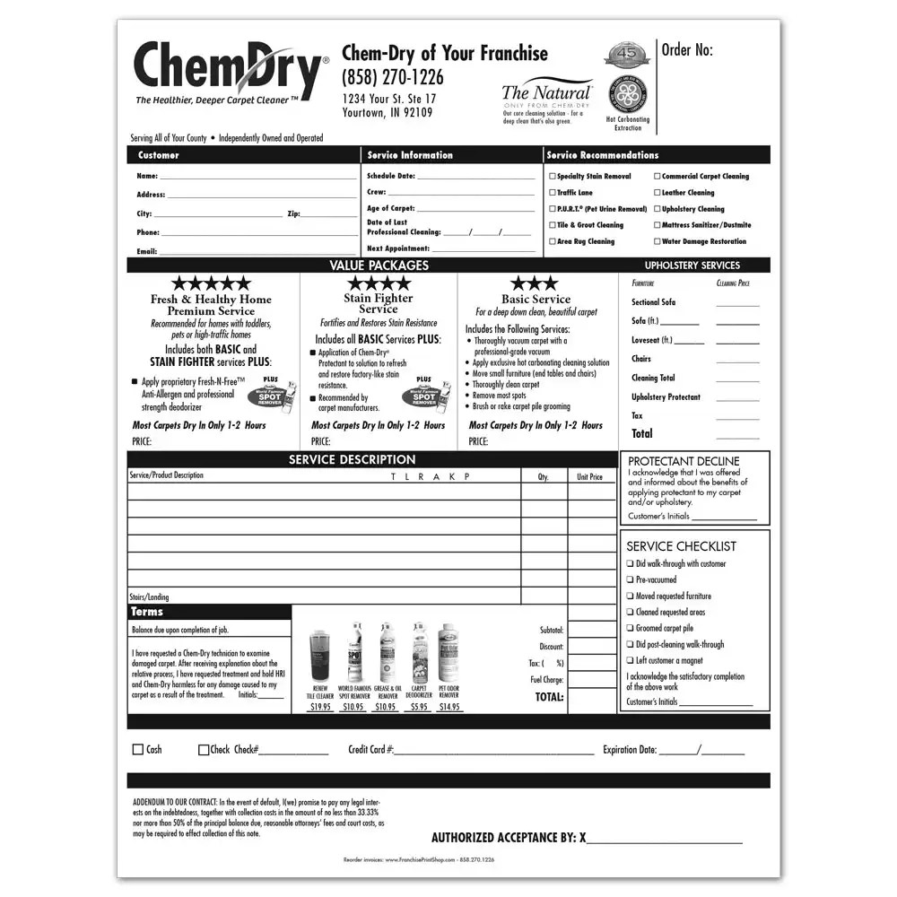 ChemDry Invoices and Work Orders Franchise Print Shop