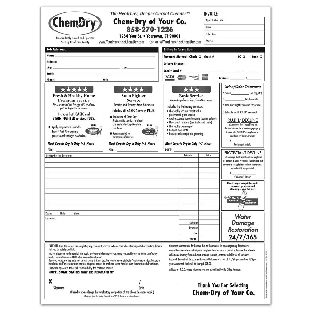 ChemDry Invoices and Work Orders Franchise Print Shop