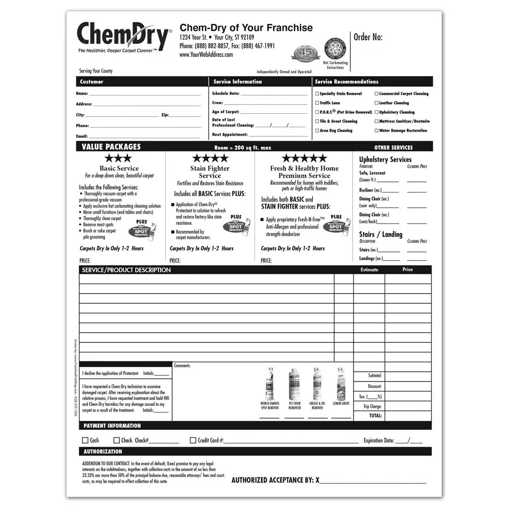 ChemDry Invoices and Work Orders Franchise Print Shop