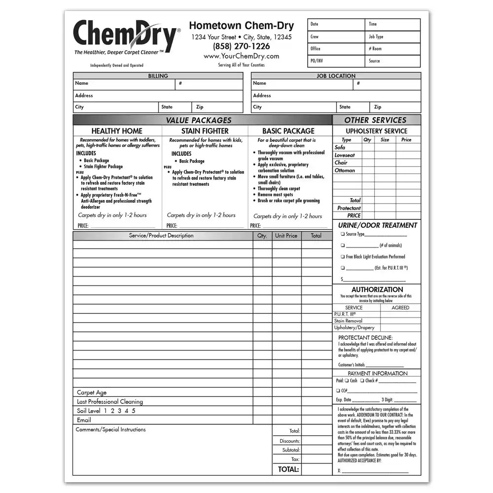 ChemDry Invoices and Work Orders Franchise Print Shop