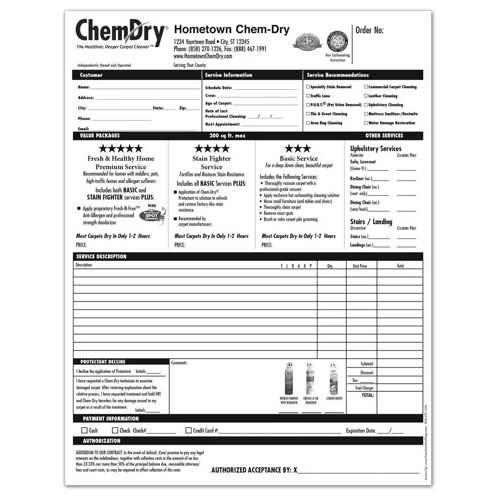 ChemDry Invoices and Work Orders Franchise Print Shop