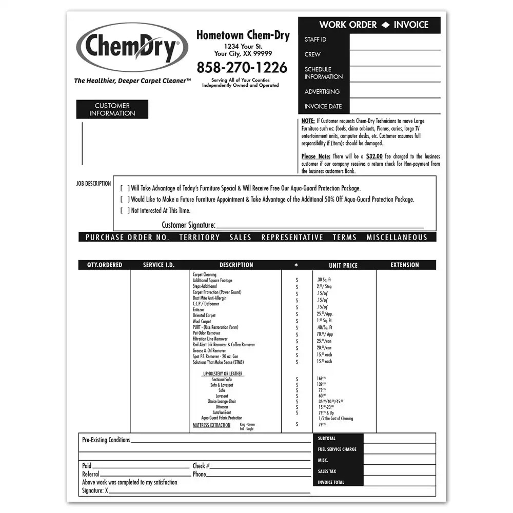 ChemDry Invoices and Work Orders Franchise Print Shop