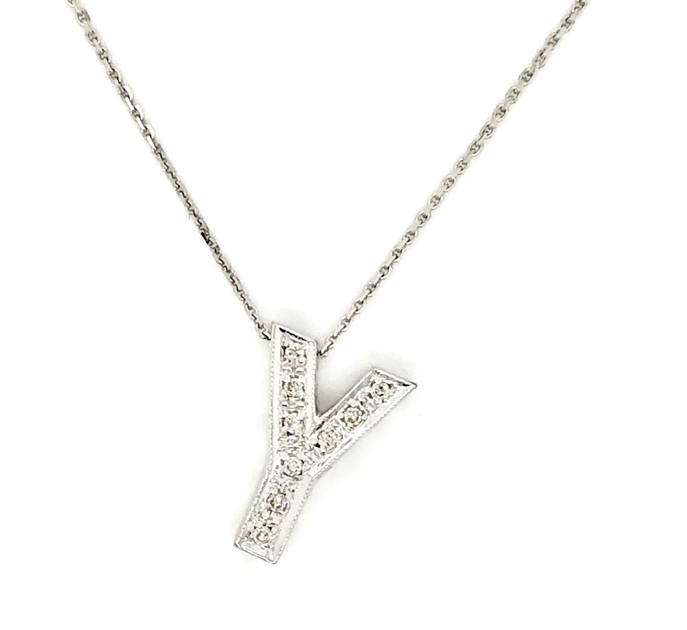 18ct White Gold Diamond Set Initial Pendant with Chain ‘Y’FJ18ctwhiteY franco
