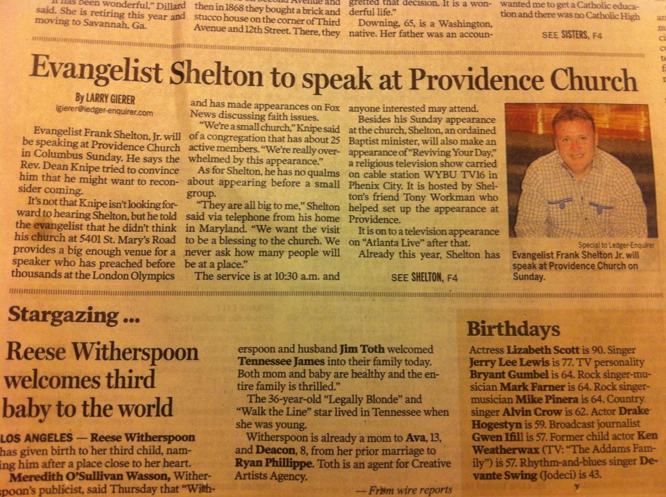 Columbus Ledger Frank Shelton Ministries