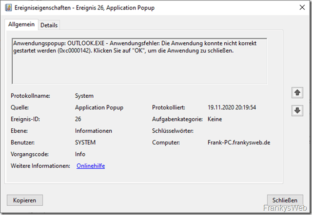 Office Programme starten nicht, Fehler 0xc0000142 Frankys Web