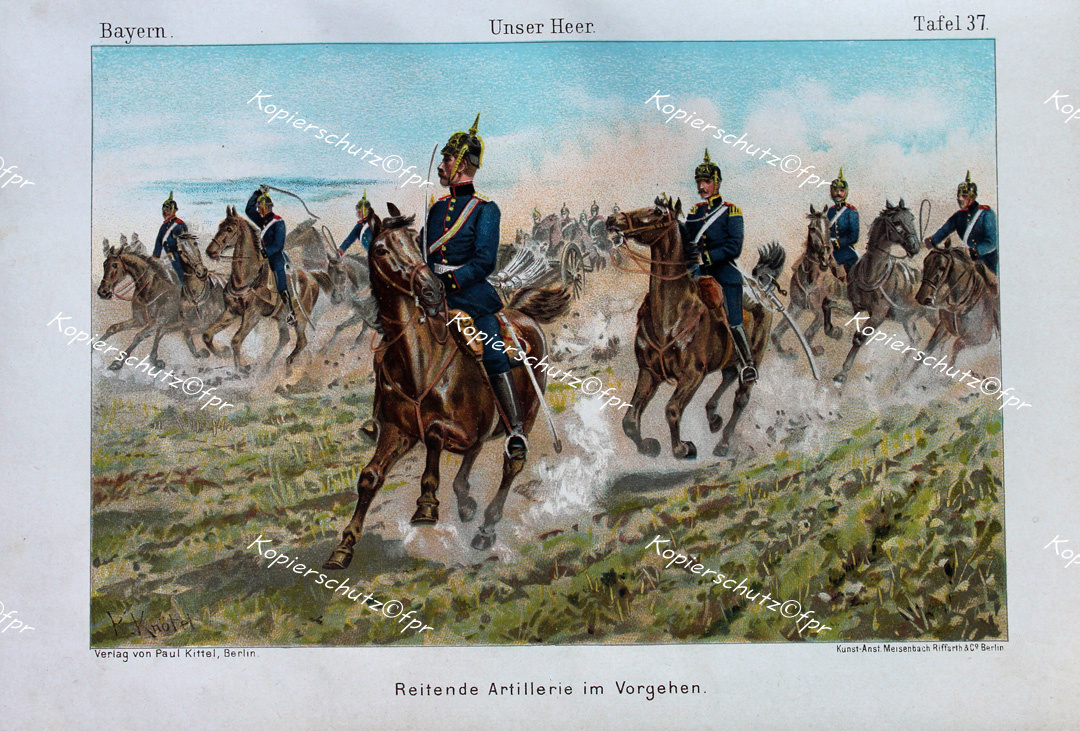 Bayern Armee Kavallerie Reitende Artillerie Pickelhaube Säbel Geschütz