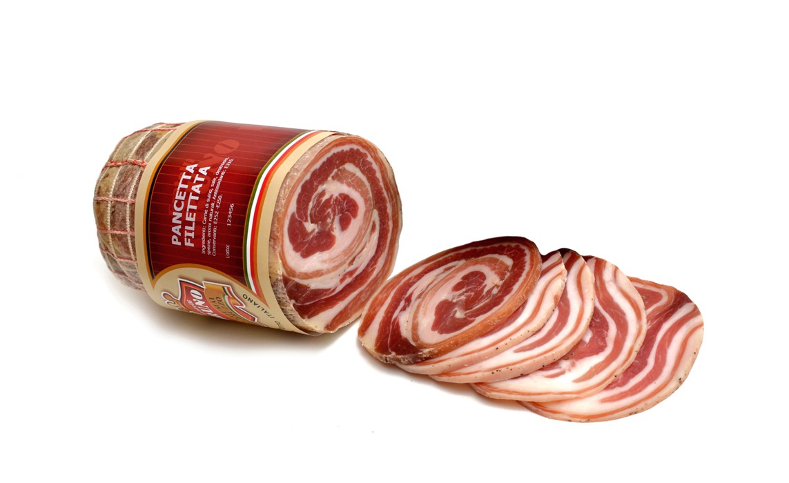 Pancetta arrotolata filettata a tranci da 0,300 kg sottovuoto Salumi