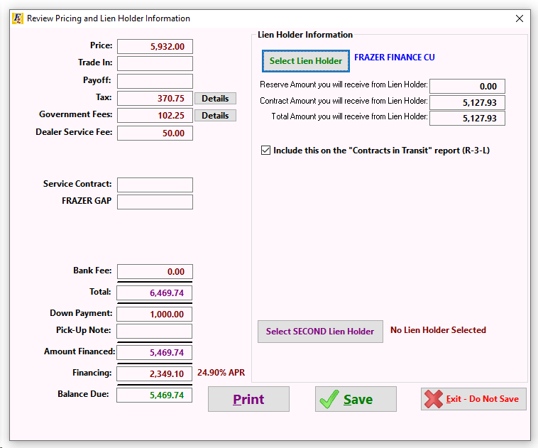 Customers > C1 Customer Activity > Pricing And Lien Holder Information