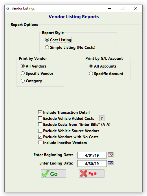 Accounting > AY Vendor Cost Listing