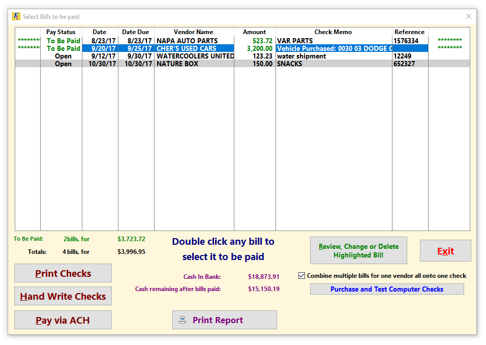 Accounting > AB Print Checks or Change and Review Open Bills