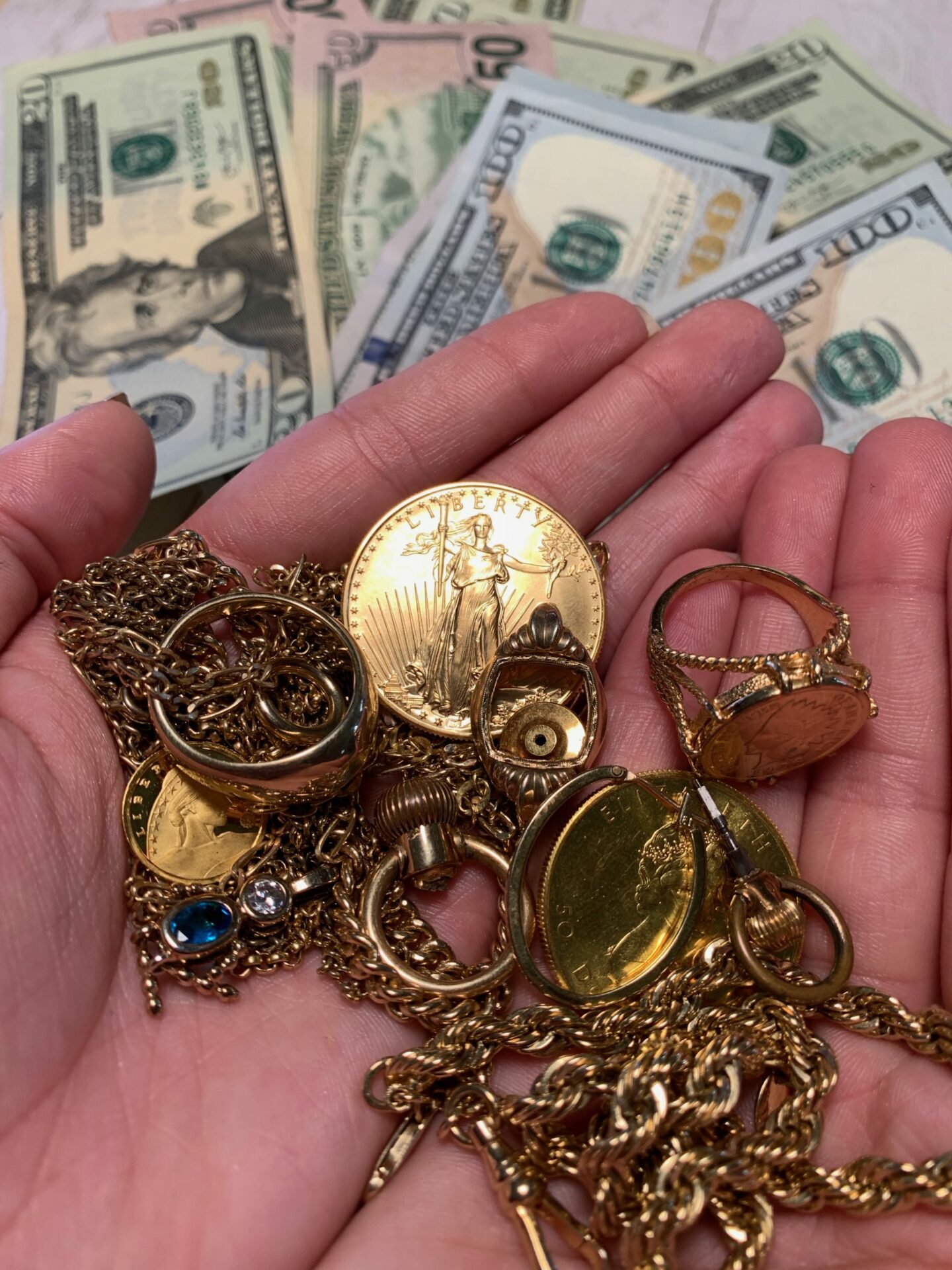 Scrap Gold Jewelry in Hand w Cash FCE Frederick Coin Exchange