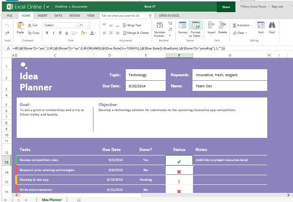 Idea Planner Template For Excel For Tasks, Goals And Objectives