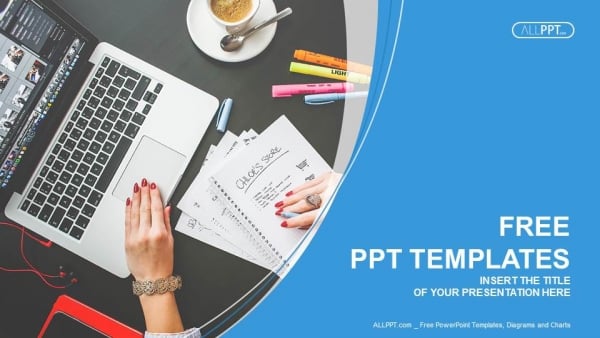 Notebook laptop and coffee cup on black table PowerPoint Templates