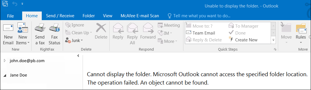 Outlook Resolve "Cannot display the folder"