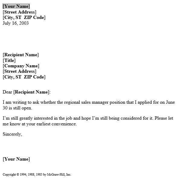 Request to check the Status of an Open Position Letter Template