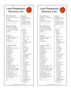 Printable Low Potassium Grocery List