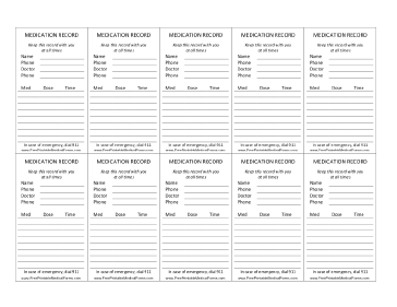 Printable Wallet-sized Medication Record Card