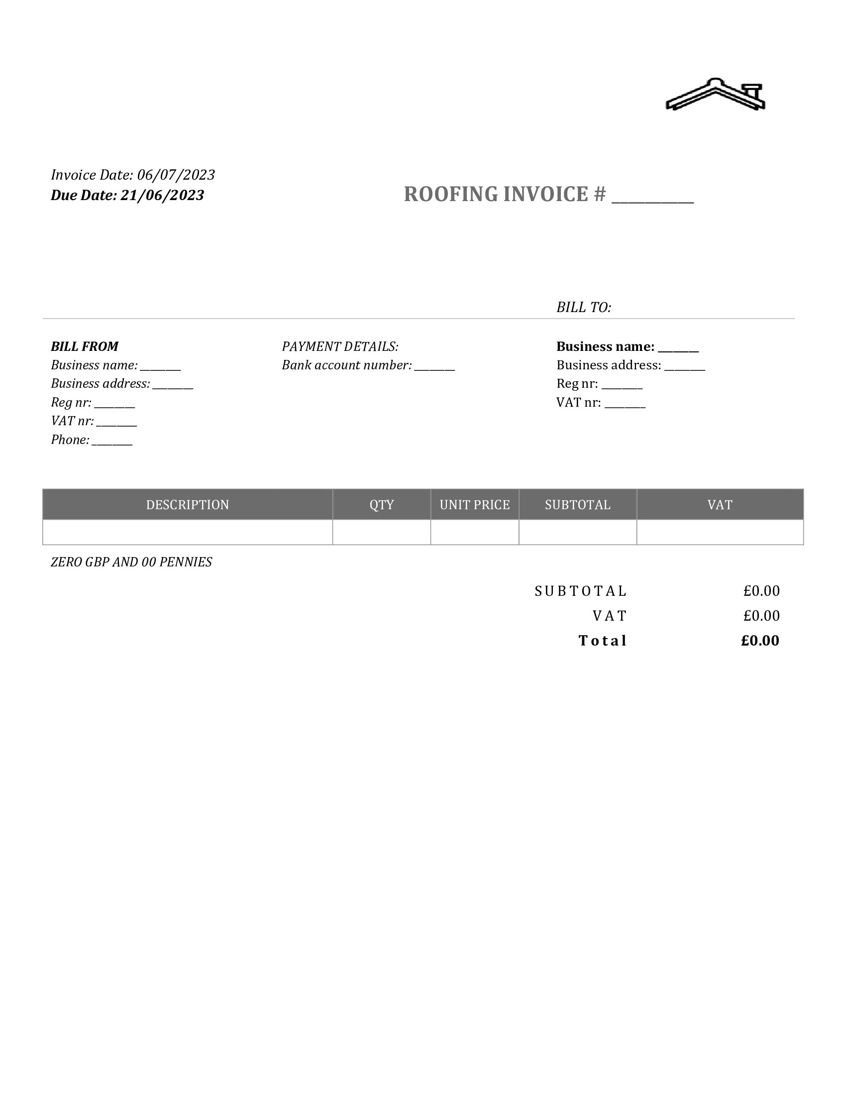 Standart Roofing Invoice Template UK Word / Google docs