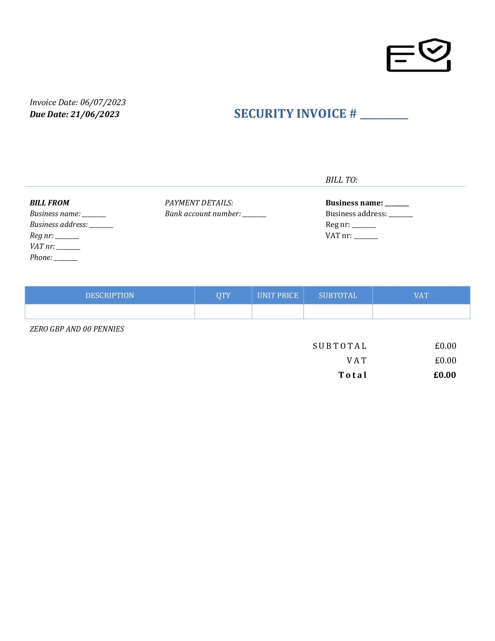 Basic Security Invoice Template UK Word / Google docs