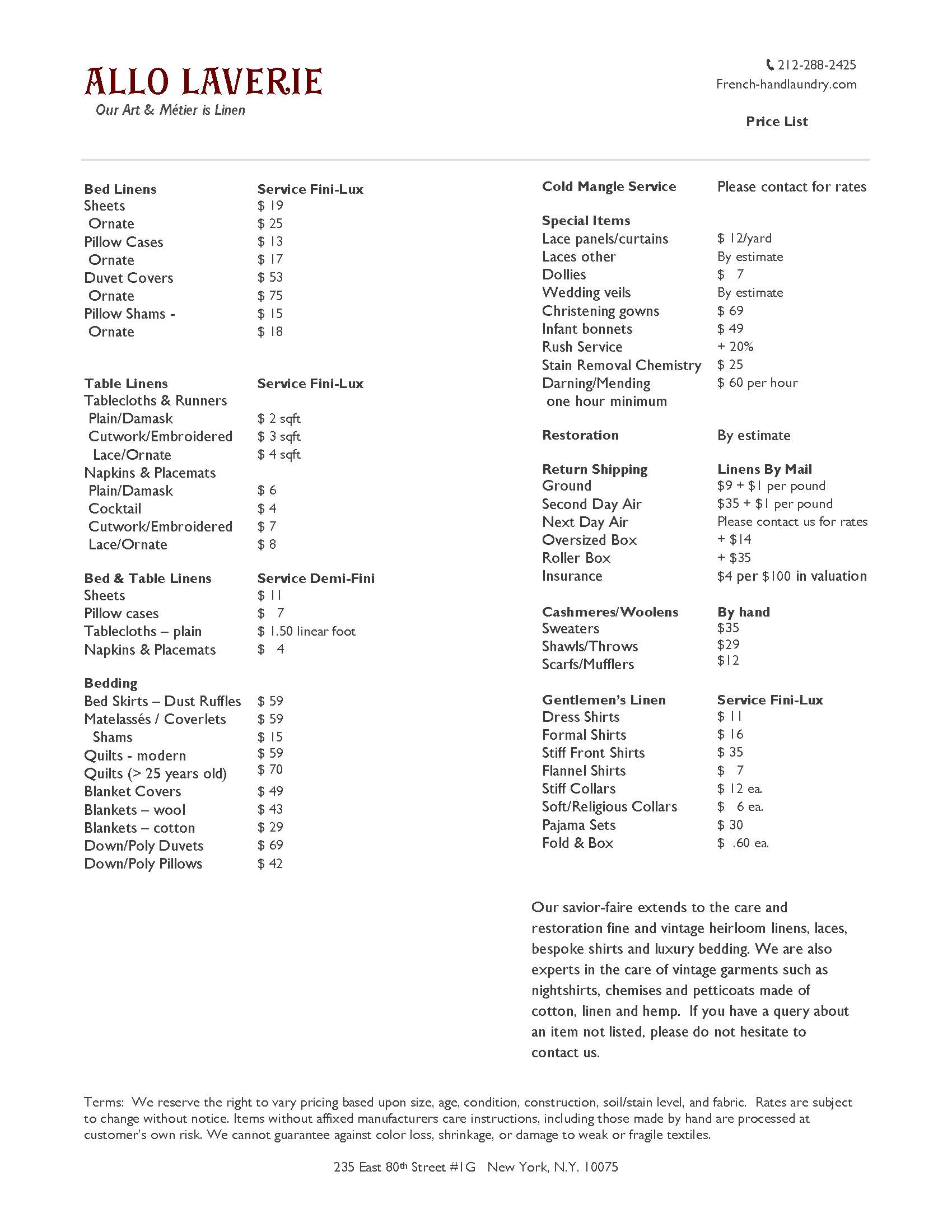 Prices French Hand Laundry