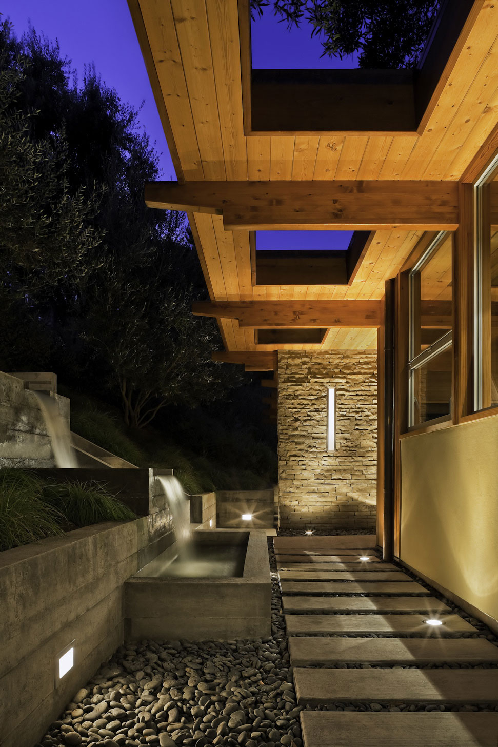 Waterfall, Water Feature, Pathway, Lighting, MidCentury Modern Home in