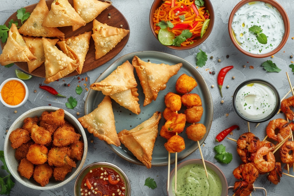 A colourful spread of high-protein appetisers including chicken samosas, crunchy chicken tenders, chicken popcorn, and dipping sauces- chicken snacks