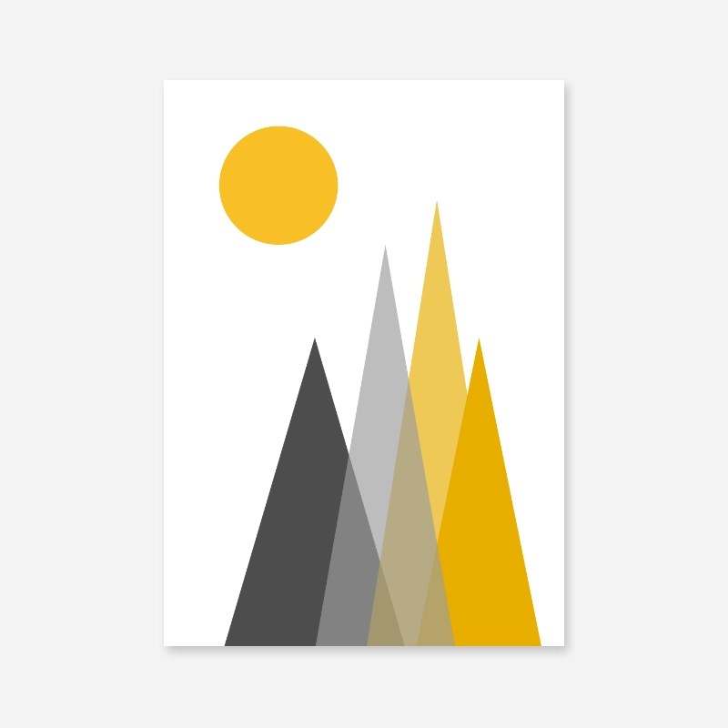 Grey and yellow triangle mountain hills with sun circle Scandinavian