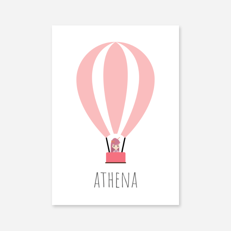 Athena Cute kids girls room name art print with a pink hot air