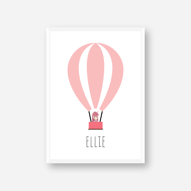 Ellie Cute kids girls room name art print with a pink hot air balloon
