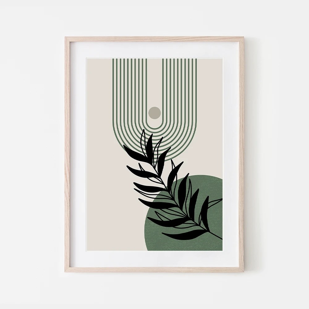 Black leaves with shades of green and beige midcentury geometric boho