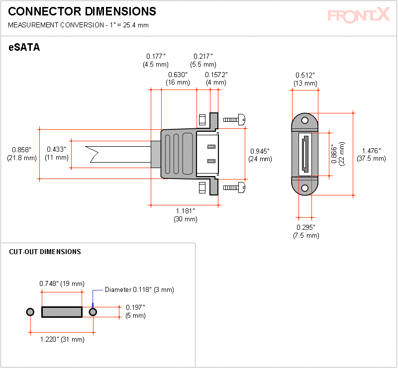 FRONTX Bulkhead eSATA Female (Serial ATA) panel mount eSATA female