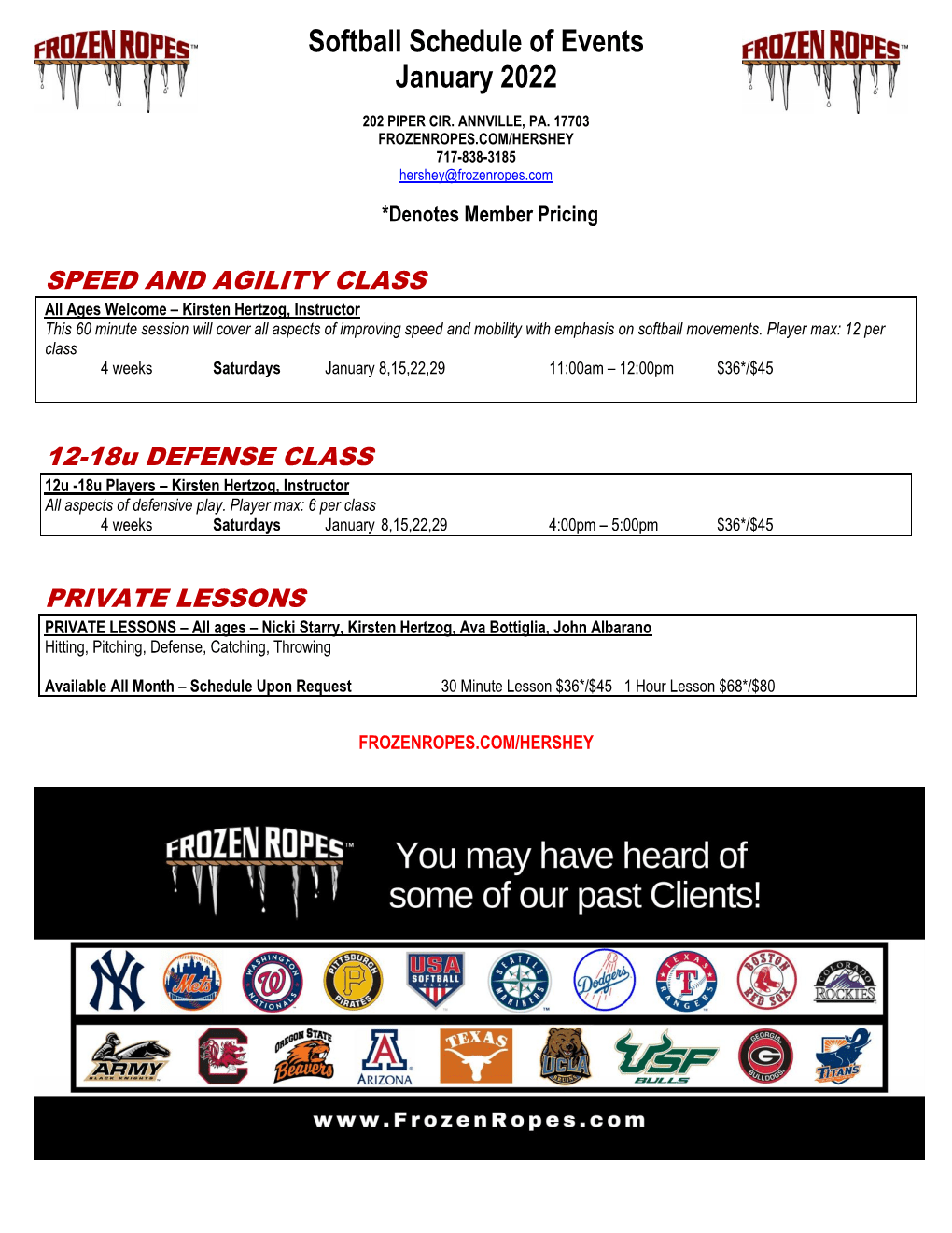 Hershey Pa Events January 2023 January Softball Schedule of Events Announced Frozen Ropes Hershey, PA