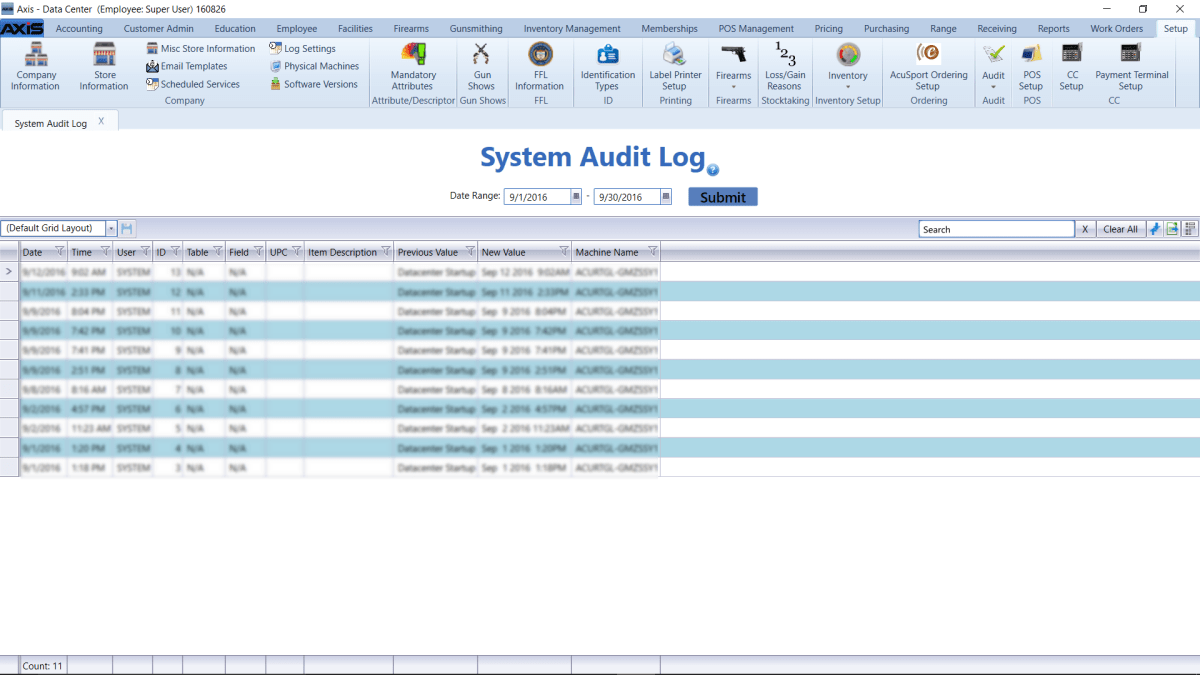 System Audit Log screen