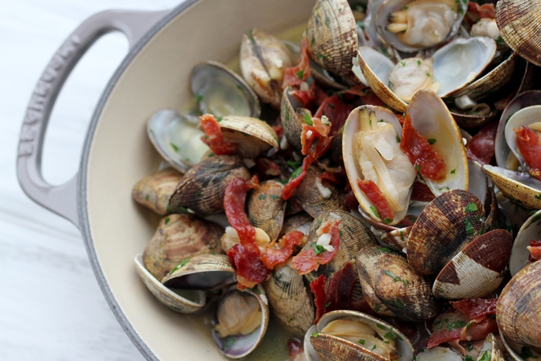 Pan cooked Clams with Sherry and Iberico Ham Fuego