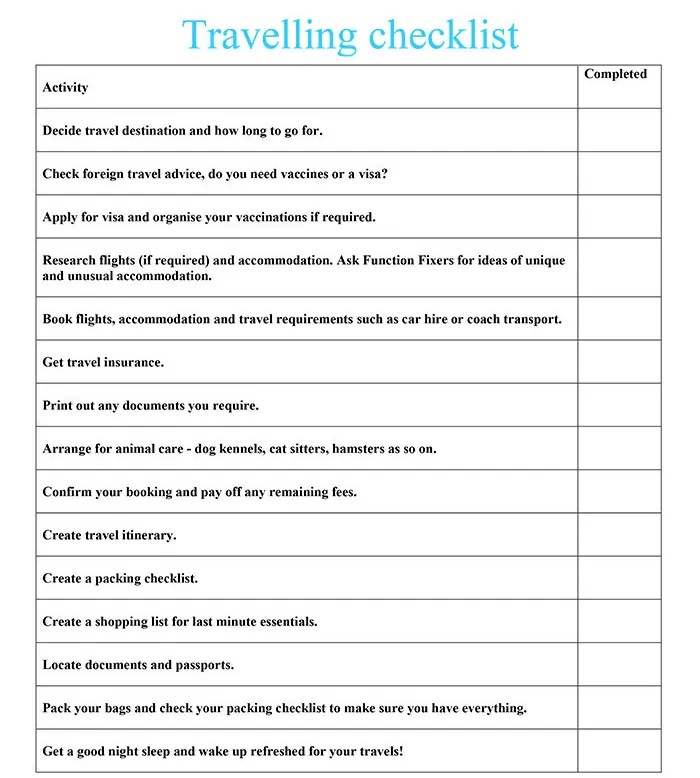 Travelling checklist • Function Fixers • Use our checklist to help you