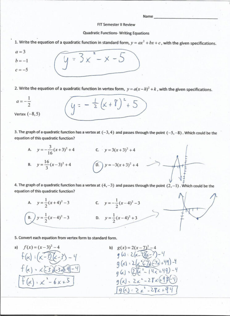 Quadratic Function Worksheet Answer Key Function Worksheets