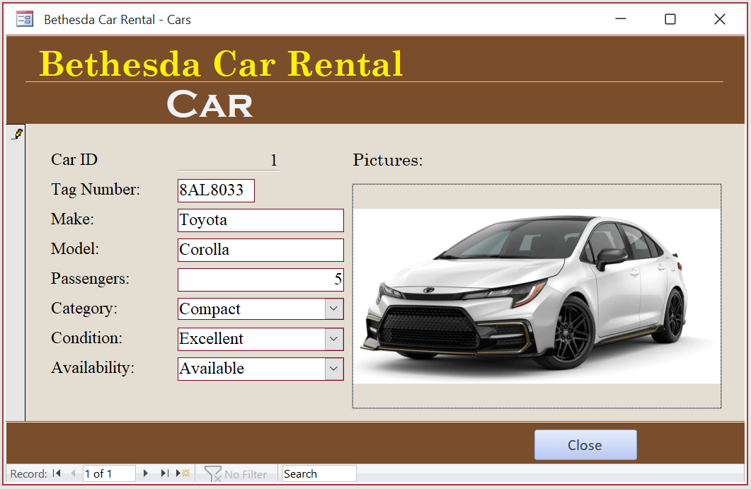 Microsoft Access Sample Database Bethesda Car Rental